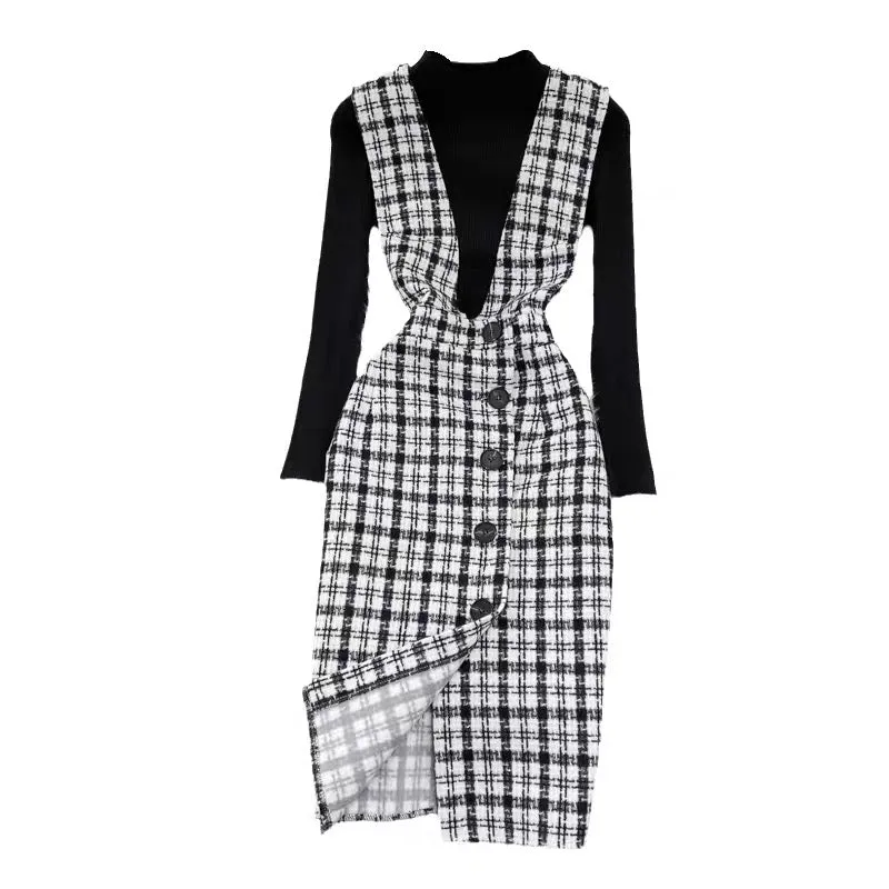 Wool plaid suit skirt for women 2023 autumn and winter new style temperament waist slimming suspender dress sweater two-piece se