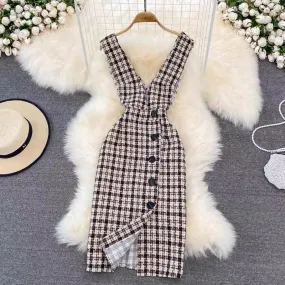 Wool plaid suit skirt for women 2023 autumn and winter new style temperament waist slimming suspender dress sweater two-piece se