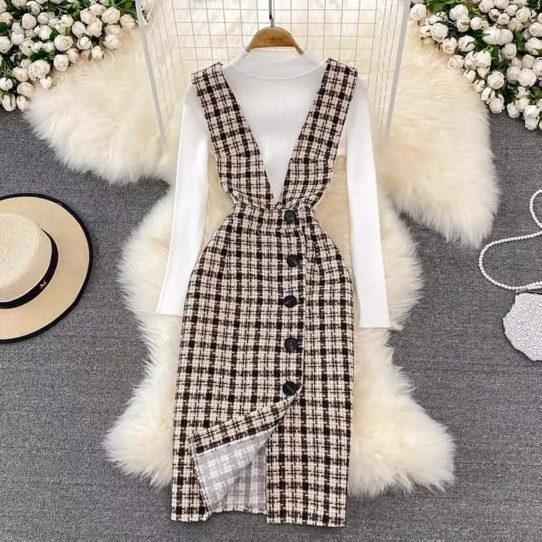 Wool plaid suit skirt for women 2023 autumn and winter new style temperament waist slimming suspender dress sweater two-piece se