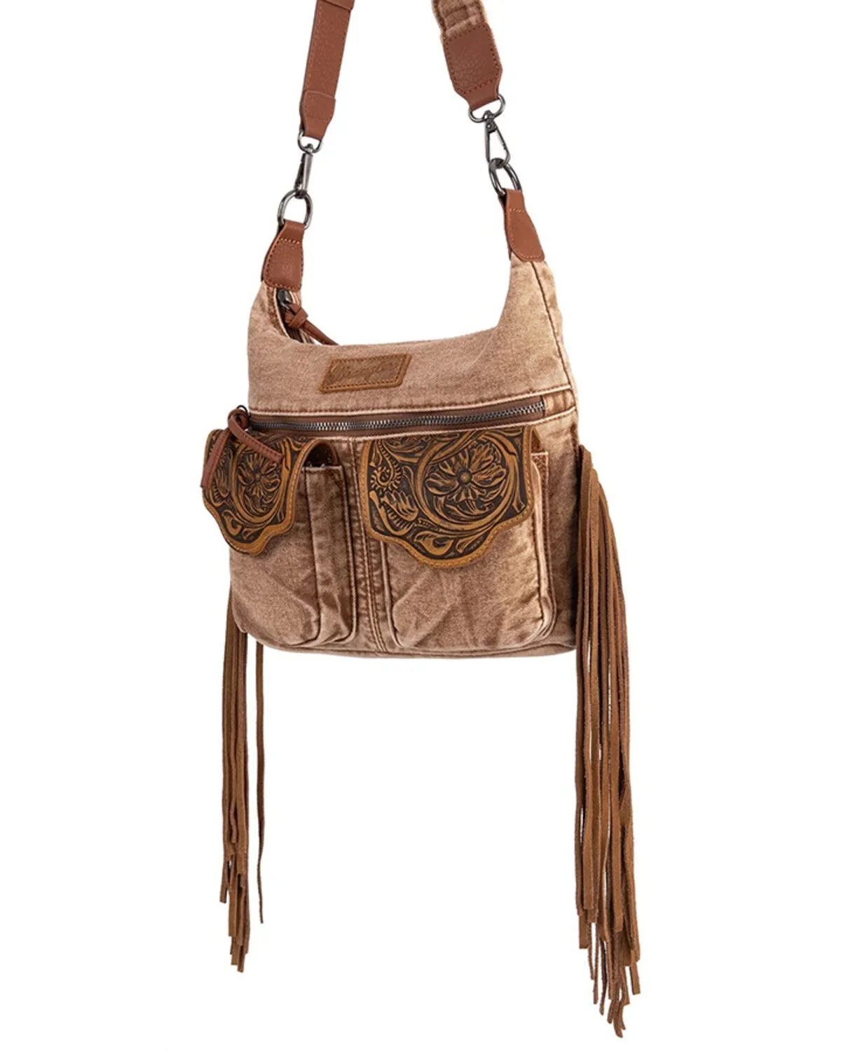 Wrangler Women's Fringe Floral Tooled Denim Crossbody Bag