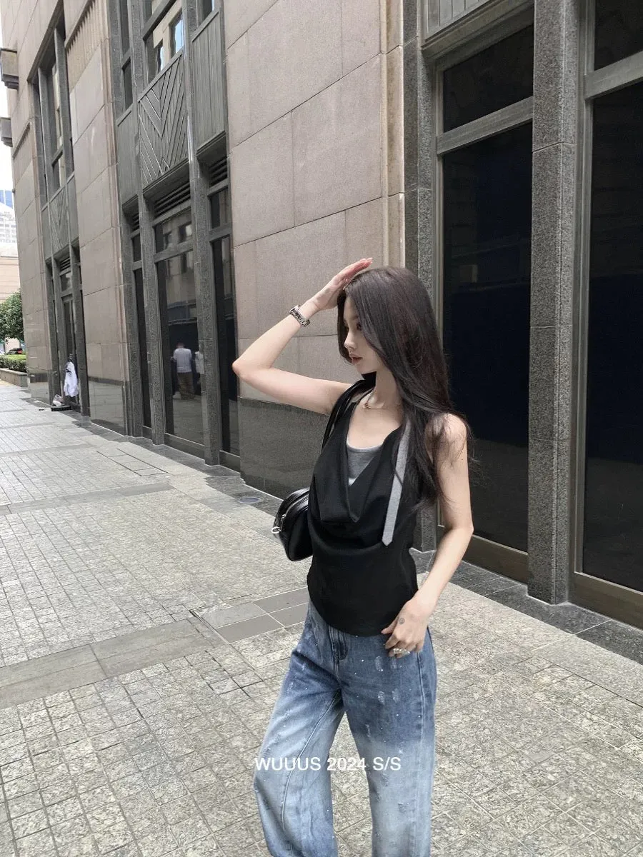 Wuuus [Unconventional Street] Swing Collar Fake Two-Piece Adjustable Halter Vest Female Hot Girls Sleeveless Top Wear Outside