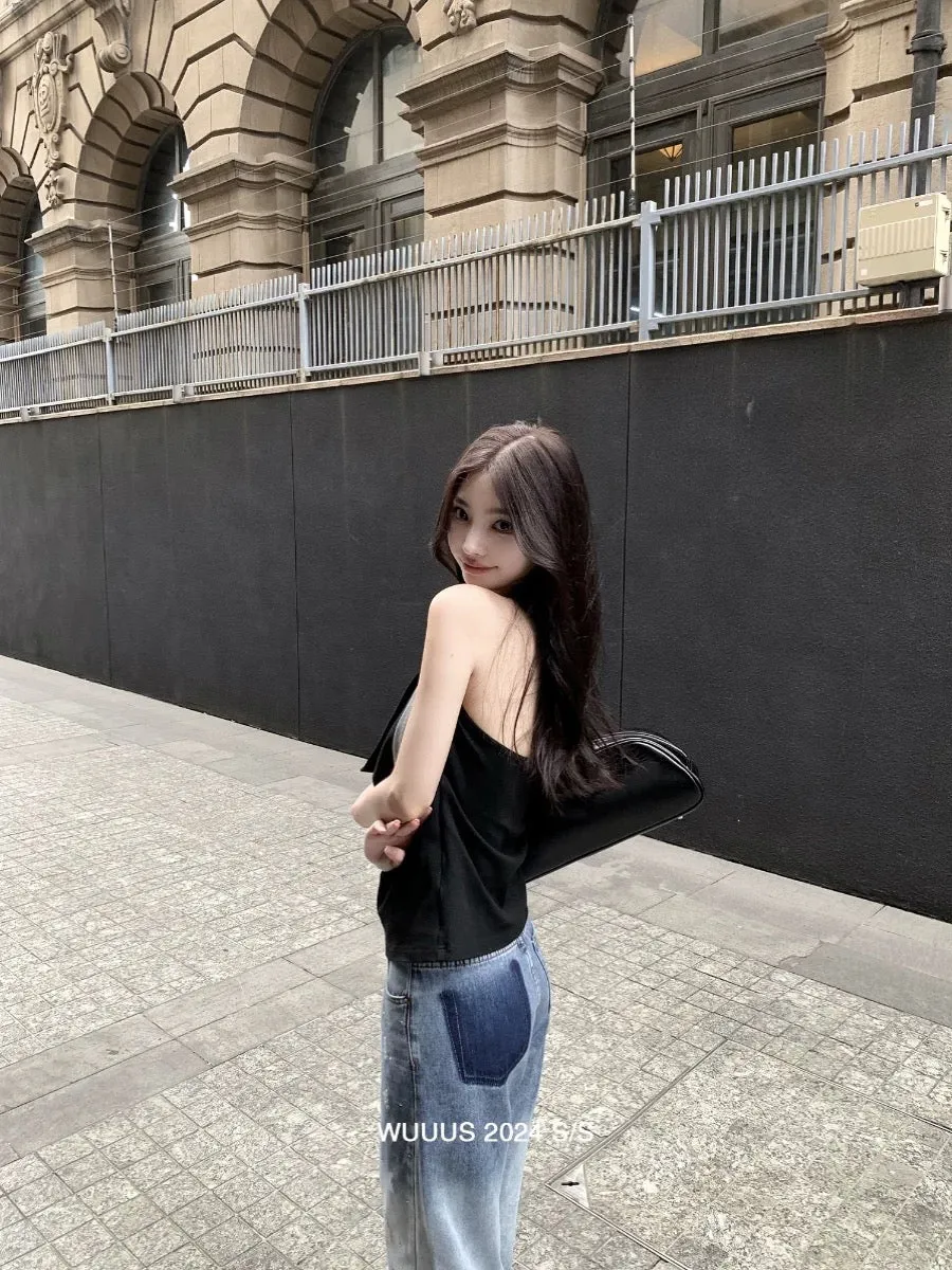 Wuuus [Unconventional Street] Swing Collar Fake Two-Piece Adjustable Halter Vest Female Hot Girls Sleeveless Top Wear Outside