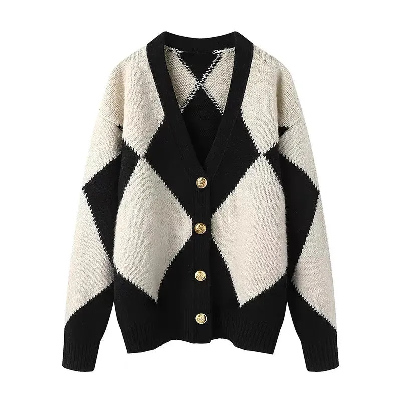 Xiaoxiangfeng thickened rhombus V-neck soft waxy sweater jacket for women 2023 autumn and winter temperament knitted dress two-p