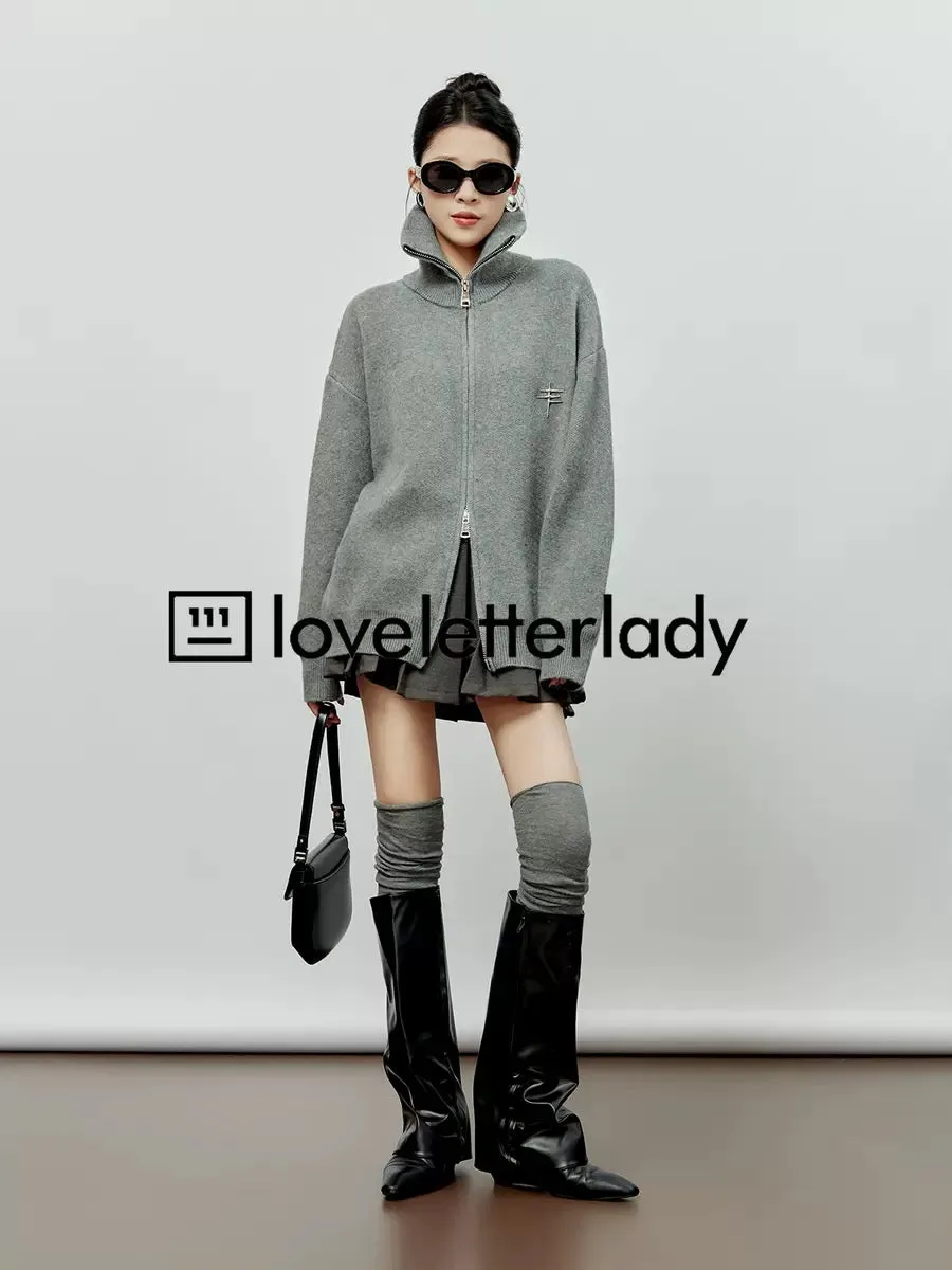 Zhou Liwu retro stand-collar double-headed zipper sweater women's autumn and winter new solid color loose long-sleeved slim knit